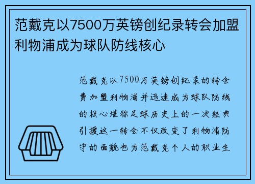 范戴克以7500万英镑创纪录转会加盟利物浦成为球队防线核心