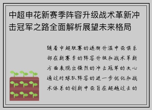 中超申花新赛季阵容升级战术革新冲击冠军之路全面解析展望未来格局 中超申花新赛季阵容升级战术革新冲击冠军之路全面解析展望未来格局