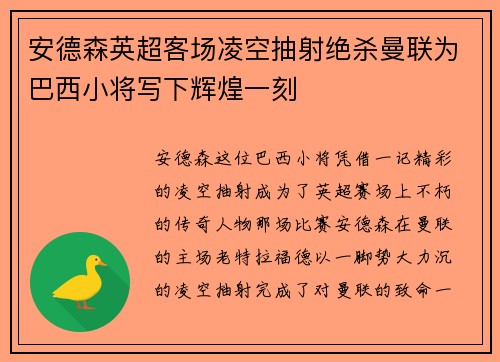 安德森英超客场凌空抽射绝杀曼联为巴西小将写下辉煌一刻 安德森英超客场凌空抽射绝杀曼联为巴西小将写下辉煌一刻